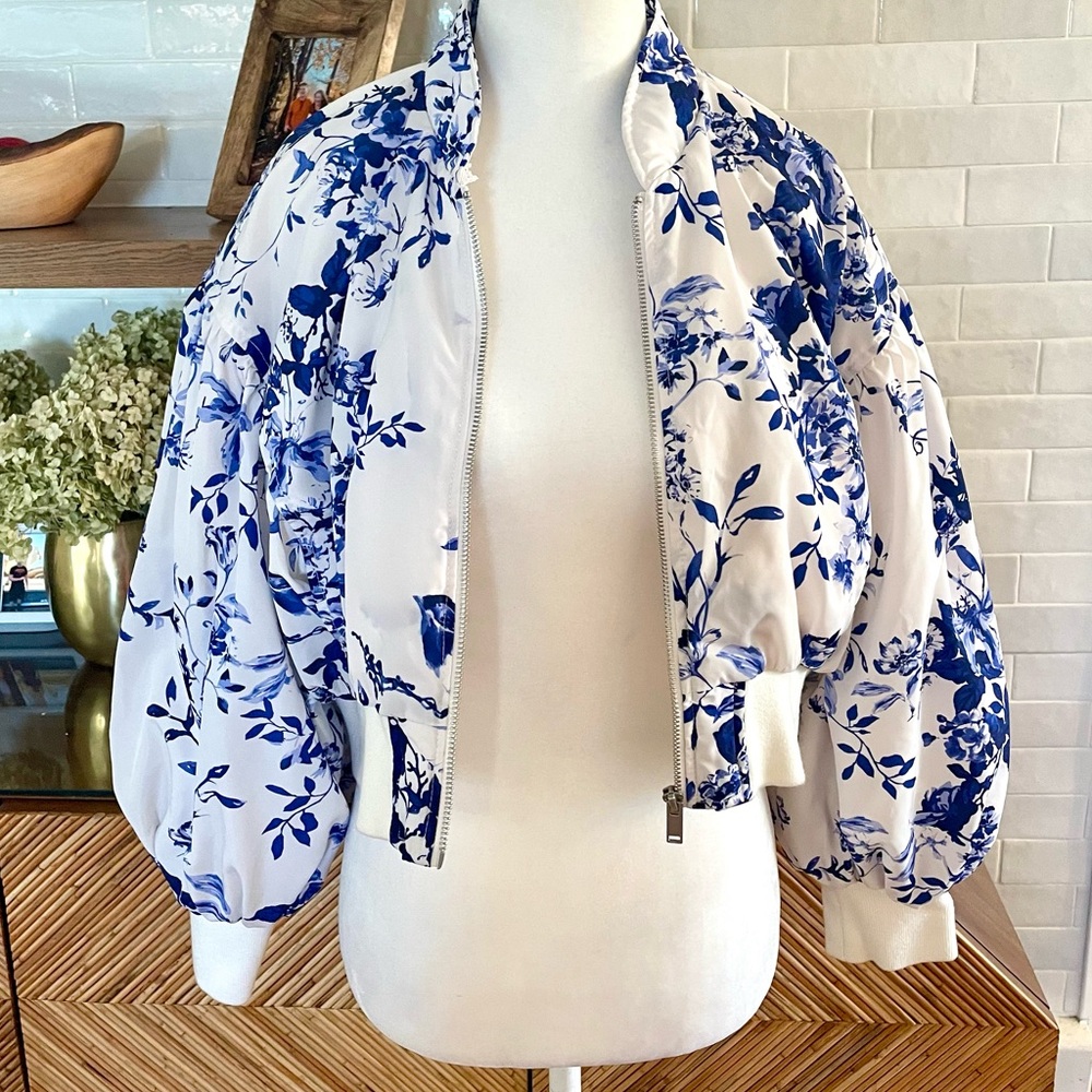 Anthro Floral Blue and White Bomber Jacket